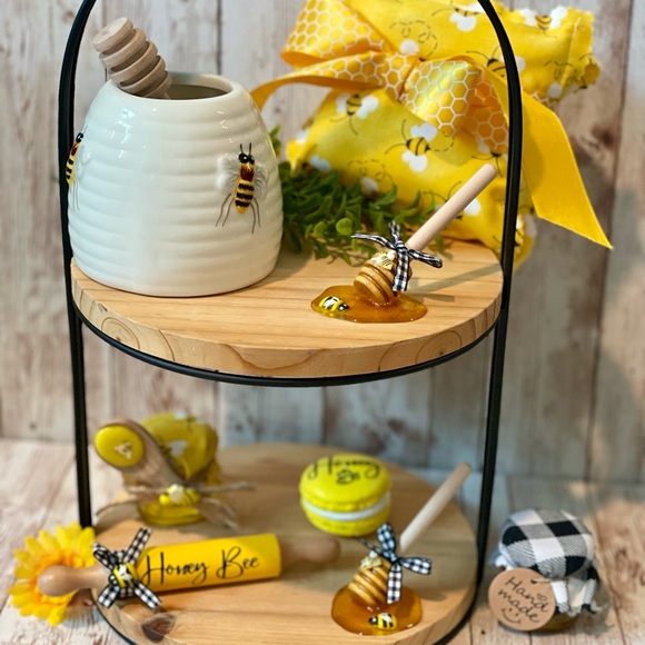 Mini Wooden Honey Dipper set | Honey Bee Decor, Tiered Tray Bee,Mini Rolling pin - Picture 3 of 9